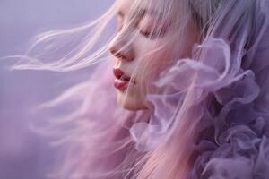 Soft focus side portrait of a woman with closed eyes, surrounded by flowing purple fabric. Her light hair is gently blowing, creating an ethereal and dreamy atmosphere photo