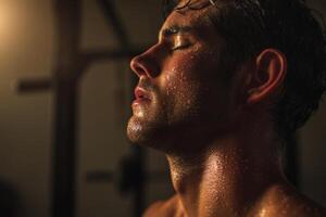 Sweaty, athletic man with closed eyes, illuminated by warm light, showing glistening skin and defined features. Focused expression, showcasing intensity and calmness post-exercise photo
