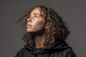 Curly-haired person in profile view looking upward, wearing a dark hoodie against a plain background. Soft lighting emphasizes facial features, creating a contemplative and introspective mood photo
