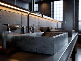 Sleek bathroom with a modern concrete sink, chrome faucet, soap dispenser, and ambient lighting creating a stylish, elegant atmosphere. Geometric lines highlight the minimalist design photo