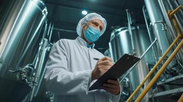 A man in a white coat and mask is writing on a clipboard photo