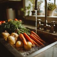 A sink filled with carrots and potatoes photo
