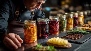 A chef is preparing food in jars photo