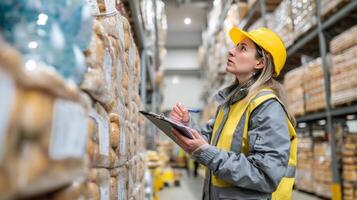 A woman in a hard hat and yellow vest is standing in a warehouse photo