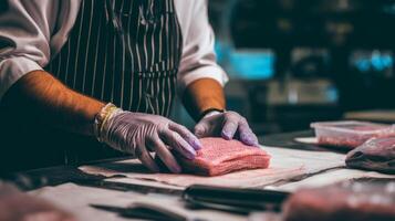 A chef in an apron is cutting meat on a cutting board photo