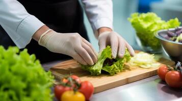 A person in gloves cutting lettuce on a cutting board photo