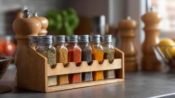 un de madera especia estante con varios botellas de especias foto