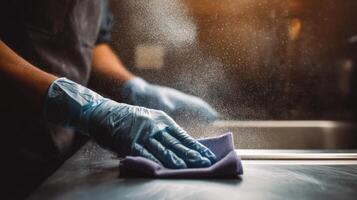 A person in blue gloves cleaning a counter photo