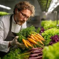 A man in a white shirt and glasses is picking up carrots photo