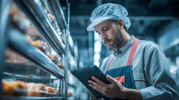 A man in an apron is using a tablet in a bakery photo