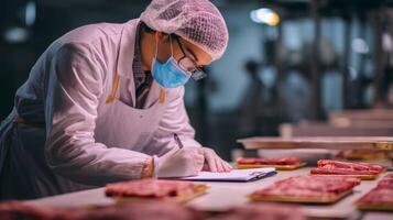 A worker in a lab coat writing on a clipboard photo