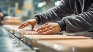 A person is picking up boxes on a conveyor belt photo