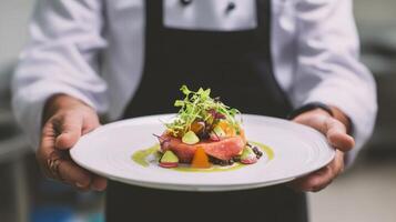 A chef holding a plate with food on it photo