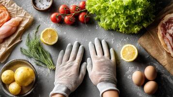 Hands in gloves holding food ingredients photo