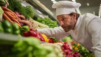 A man in a chef hat is looking at vegetables photo