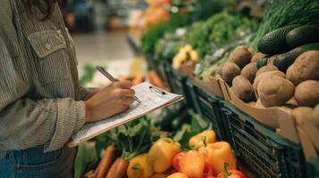 A woman writing on a clipboard in a supermarket photo