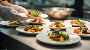 A chef is holding plates of food on a table photo