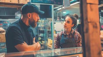 A man and woman standing in front of a bakery photo