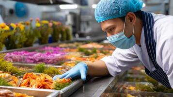A man in a blue surgical mask and gloves is working on a tray of seafood photo