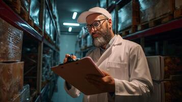 A man in a lab coat is holding a clipboard photo