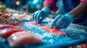 A person in blue gloves is cutting up fish photo