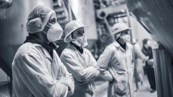 Three men wearing protective gear stand in a factory photo