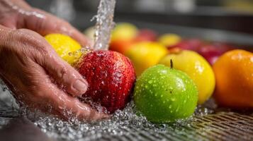 A person washing apples with water photo