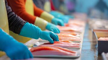 A line of people in gloves and aprons preparing fish photo