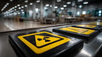 A conveyor belt with several radioactive signs on it photo