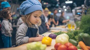 A little girl in a chef hat is cutting vegetables photo