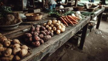 A table with vegetables and potatoes on it photo