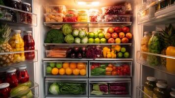 A refrigerator filled with fresh fruits and vegetables photo