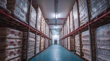 A long aisle in a warehouse with shelves full of food photo