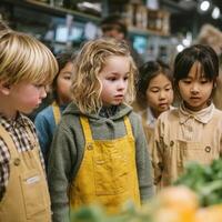 Children in aprons standing in a supermarket photo