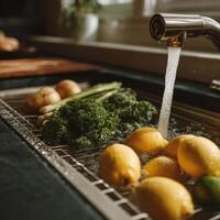 A sink with lemons, broccoli and potatoes photo