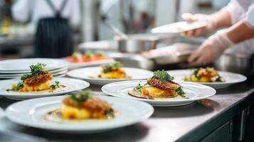 A chef preparing food on a plate in a restaurant photo