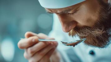 A man with a beard and a white hat is eating something off of a spoon photo