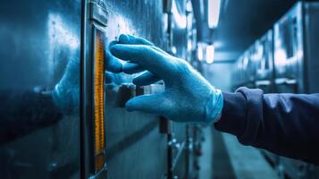 A person in blue gloves is touching a door photo
