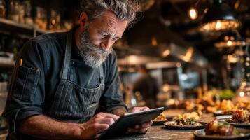 A man with a beard and apron using a tablet photo