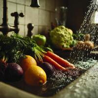 A sink filled with vegetables and fruit photo