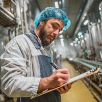 A man in an apron writing on a clipboard photo