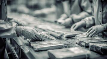A black and white photo of people working on a conveyor belt