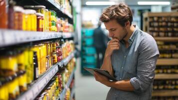 Man looking at tablet in supermarket aisle photo