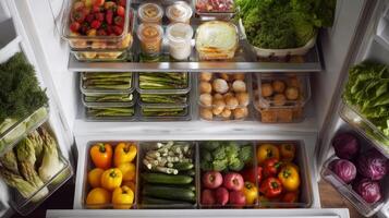 A refrigerator with a variety of fresh vegetables and fruits photo