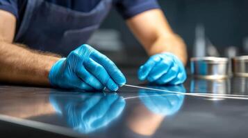 A man in blue gloves is cutting a piece of wire photo