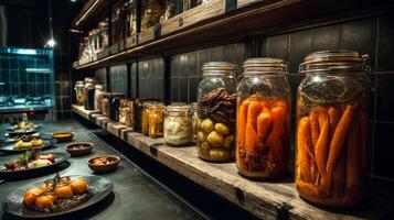 Jars of pickled vegetables on a shelf in a restaurant photo