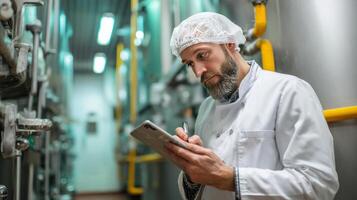A man in a white coat is using a tablet photo