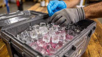 A person in gloves is putting ice in a box photo