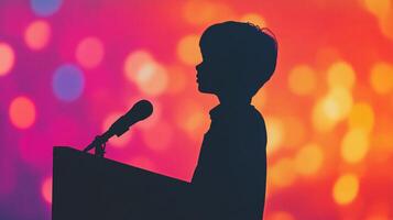 Eloquent Speaker Silhouette at Colorful Podium Business Presentation Concept photo