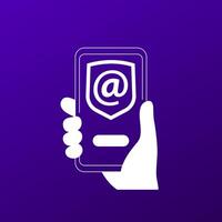 secure email, mail protection icon, smart phone in hand vector